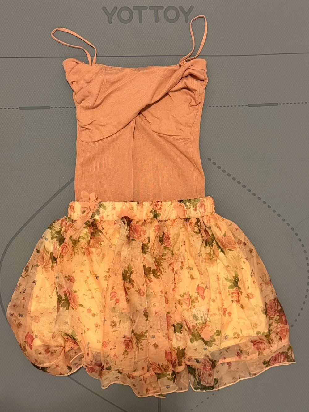 Peach Spaghetti Strap Dress with Floral Tulle Skirt